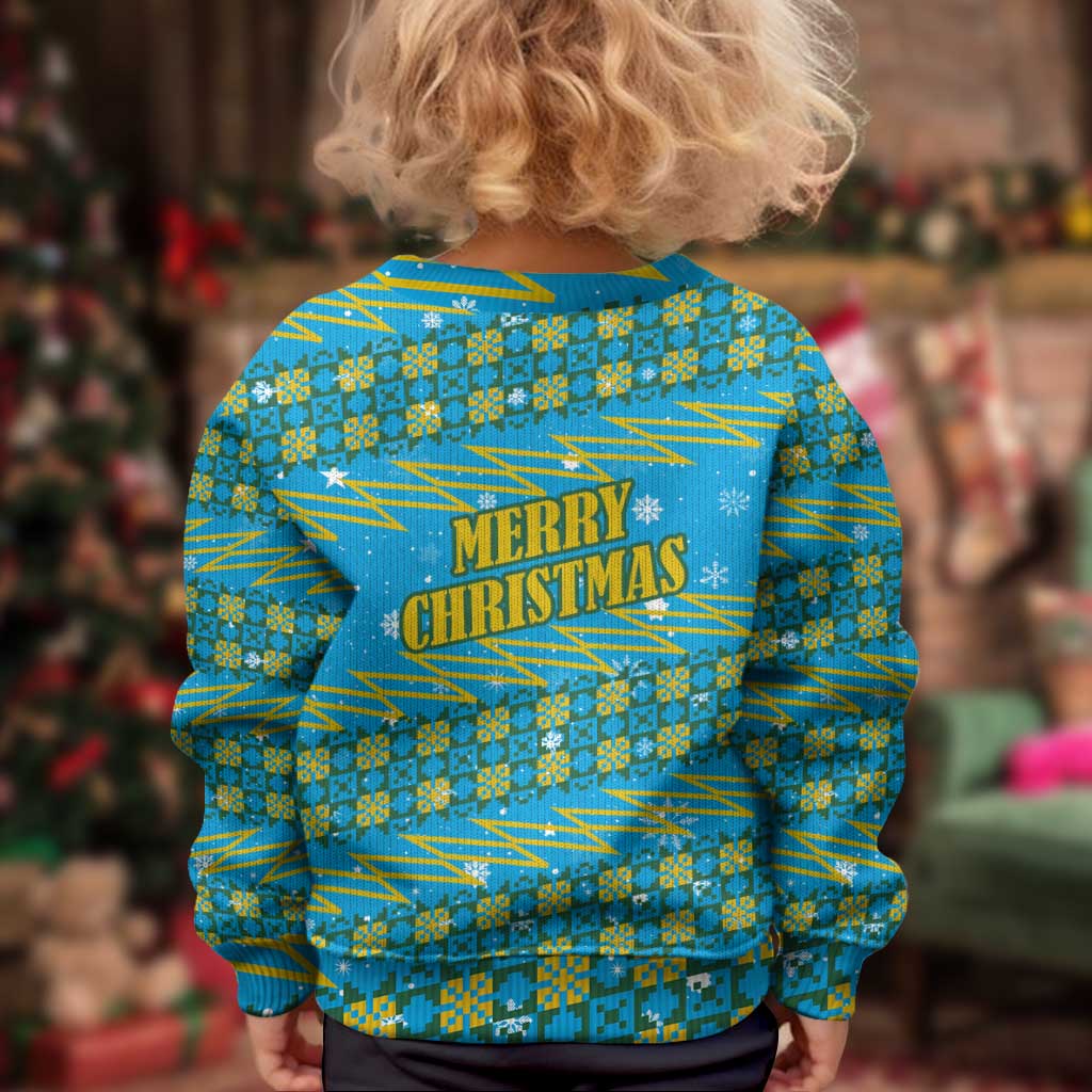 Rwanda Christmas Kid Ugly Christmas Sweater with Blue-Yellow Pattern, Festive Geometric Motifs, and Bold Typography - Wonder Print Shop