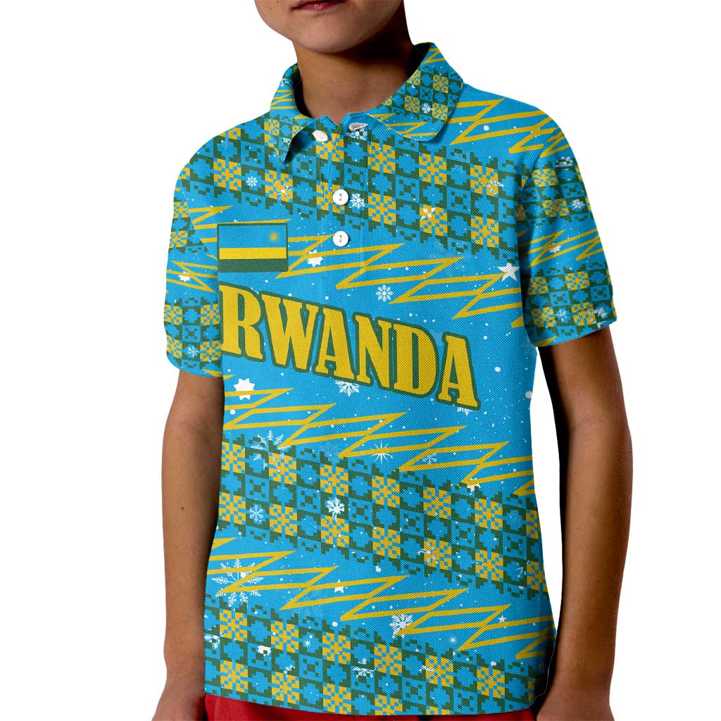 Rwanda Christmas Kid Polo Shirt with Blue-Yellow Pattern, Festive Geometric Motifs, and Bold Typography - Wonder Print Shop