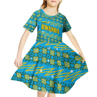 Rwanda Christmas Kid Short Sleeve Dress with Blue-Yellow Pattern, Festive Geometric Motifs, and Bold Typography - Wonder Print Shop