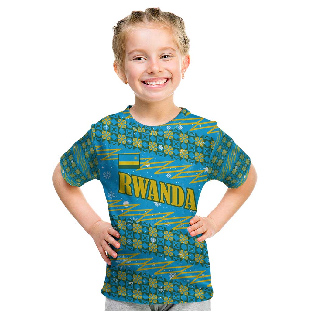 Rwanda Christmas Kid T Shirt with Blue-Yellow Pattern, Festive Geometric Motifs, and Bold Typography - Wonder Print Shop