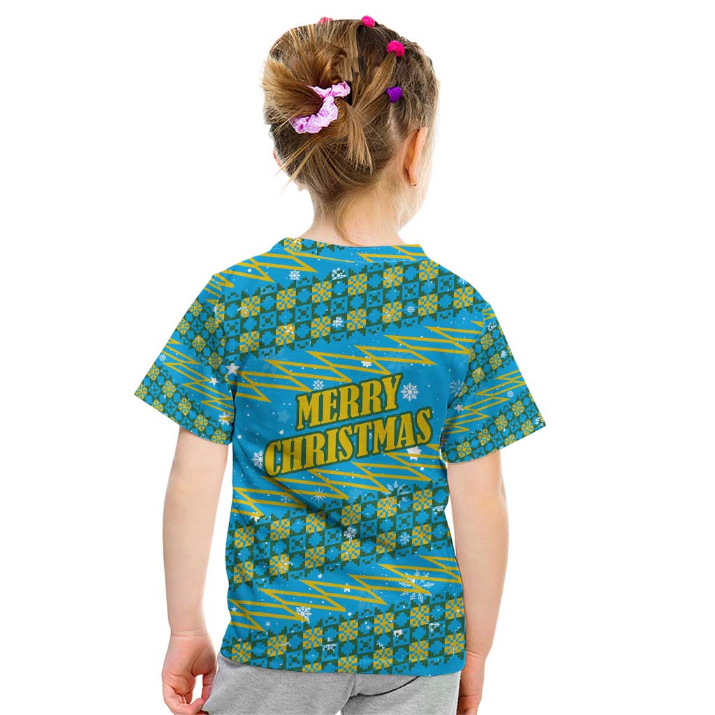 Rwanda Christmas Kid T Shirt with Blue-Yellow Pattern, Festive Geometric Motifs, and Bold Typography - Wonder Print Shop
