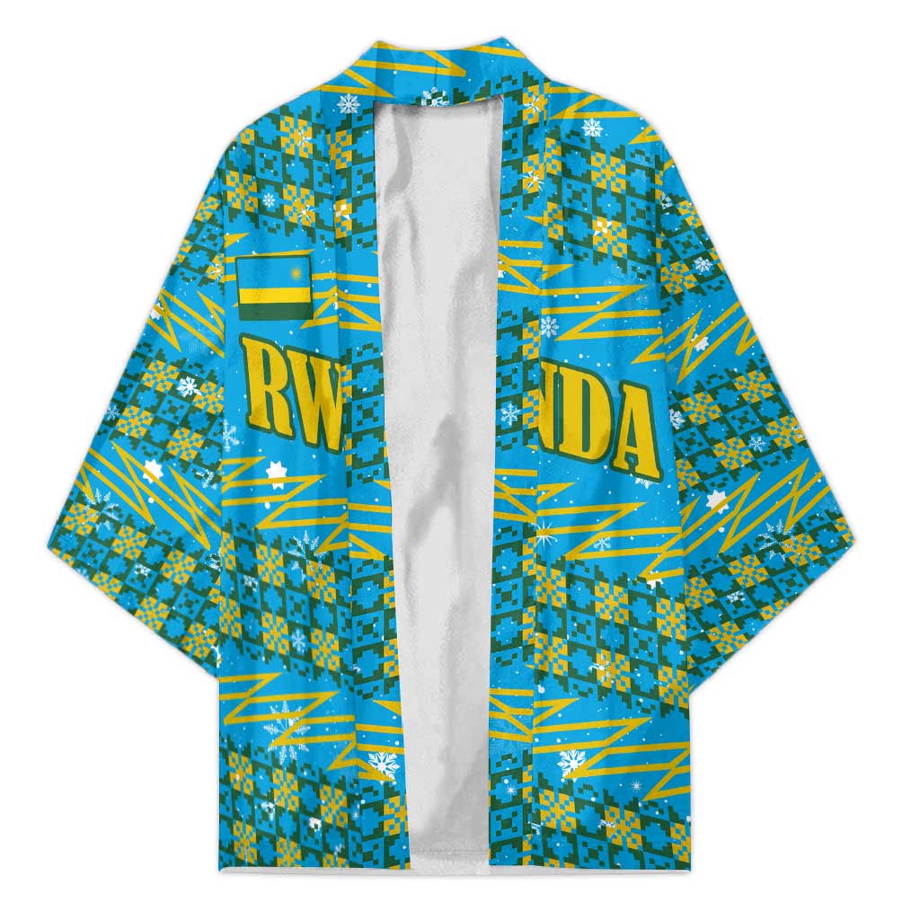Rwanda Christmas Kimono with Blue-Yellow Pattern, Festive Geometric Motifs, and Bold Typography - Wonder Print Shop