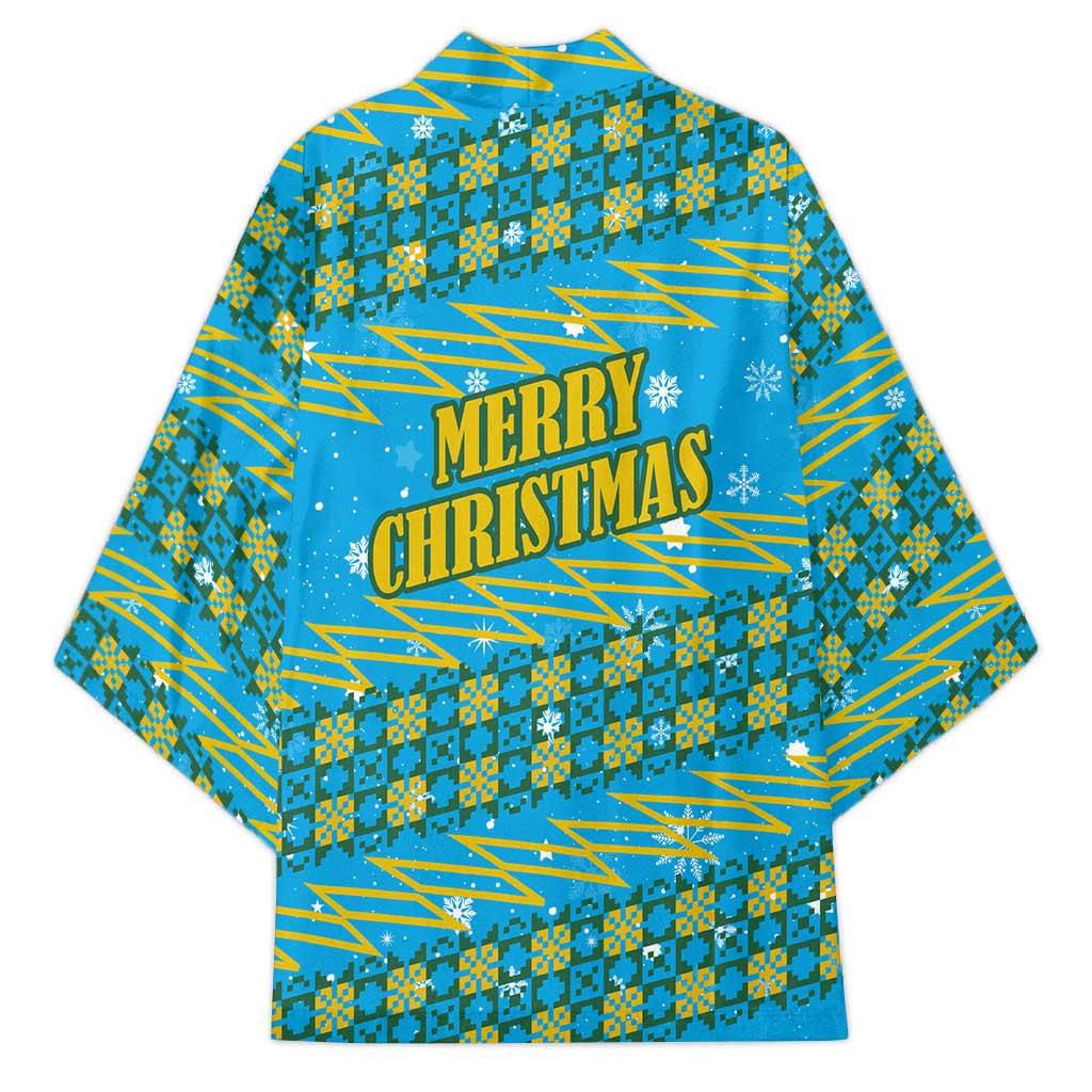 Rwanda Christmas Kimono with Blue-Yellow Pattern, Festive Geometric Motifs, and Bold Typography - Wonder Print Shop
