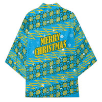 Rwanda Christmas Kimono with Blue-Yellow Pattern, Festive Geometric Motifs, and Bold Typography - Wonder Print Shop