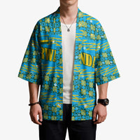 Rwanda Christmas Kimono with Blue-Yellow Pattern, Festive Geometric Motifs, and Bold Typography - Wonder Print Shop