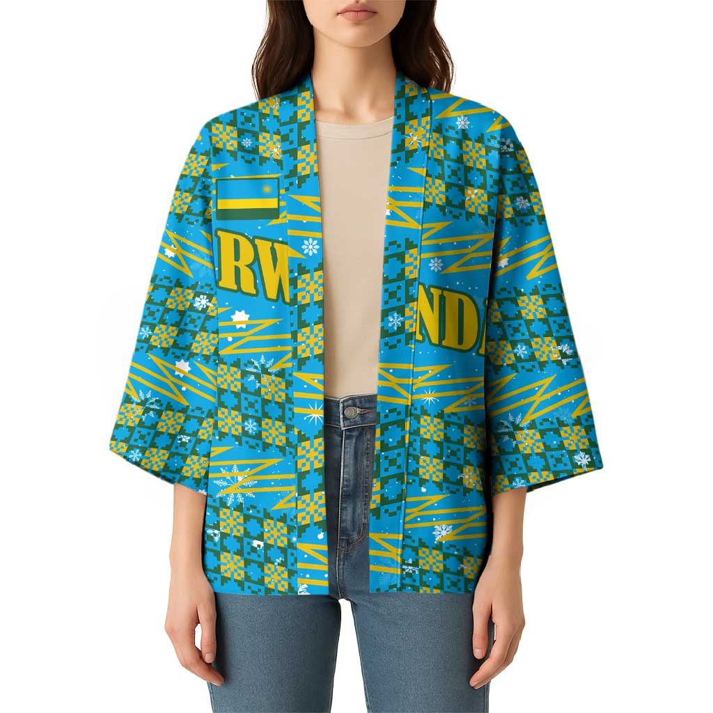 Rwanda Christmas Kimono with Blue-Yellow Pattern, Festive Geometric Motifs, and Bold Typography - Wonder Print Shop