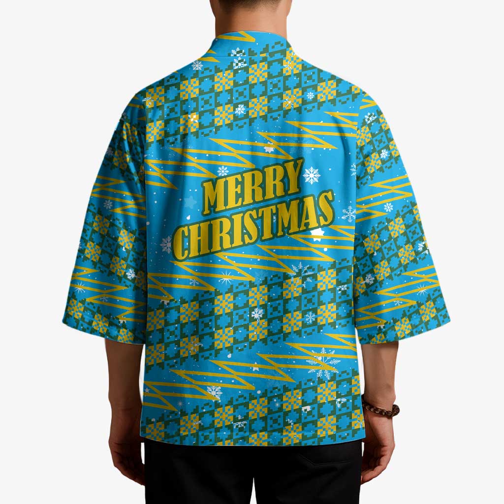 Rwanda Christmas Kimono with Blue-Yellow Pattern, Festive Geometric Motifs, and Bold Typography - Wonder Print Shop