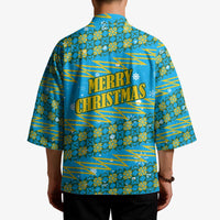 Rwanda Christmas Kimono with Blue-Yellow Pattern, Festive Geometric Motifs, and Bold Typography - Wonder Print Shop