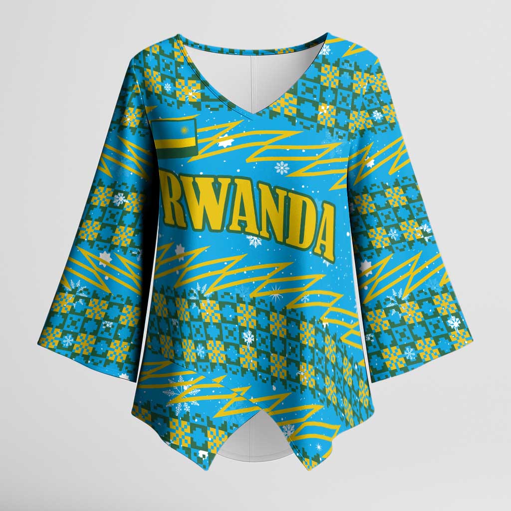 Rwanda Christmas Kimono Sleeve Blouse with Blue-Yellow Pattern, Festive Geometric Motifs, and Bold Typography - Wonder Print Shop