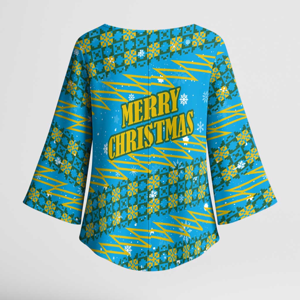 Rwanda Christmas Kimono Sleeve Blouse with Blue-Yellow Pattern, Festive Geometric Motifs, and Bold Typography - Wonder Print Shop