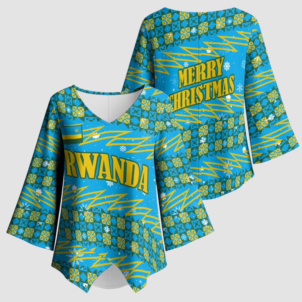 Rwanda Christmas Kimono Sleeve Blouse with Blue-Yellow Pattern, Festive Geometric Motifs, and Bold Typography - Wonder Print Shop
