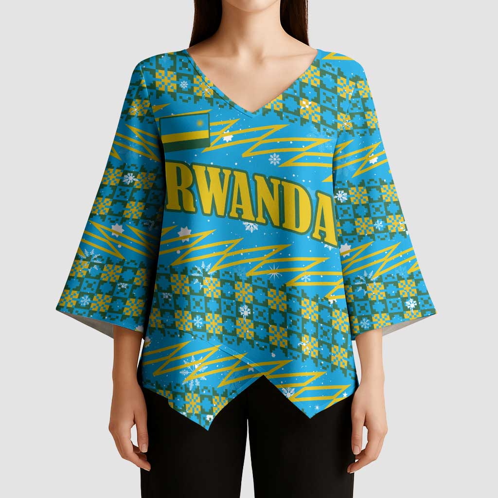 Rwanda Christmas Kimono Sleeve Blouse with Blue-Yellow Pattern, Festive Geometric Motifs, and Bold Typography - Wonder Print Shop