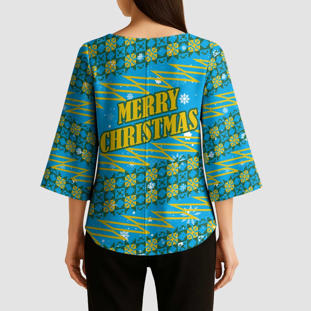 Rwanda Christmas Kimono Sleeve Blouse with Blue-Yellow Pattern, Festive Geometric Motifs, and Bold Typography - Wonder Print Shop