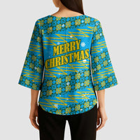 Rwanda Christmas Kimono Sleeve Blouse with Blue-Yellow Pattern, Festive Geometric Motifs, and Bold Typography - Wonder Print Shop