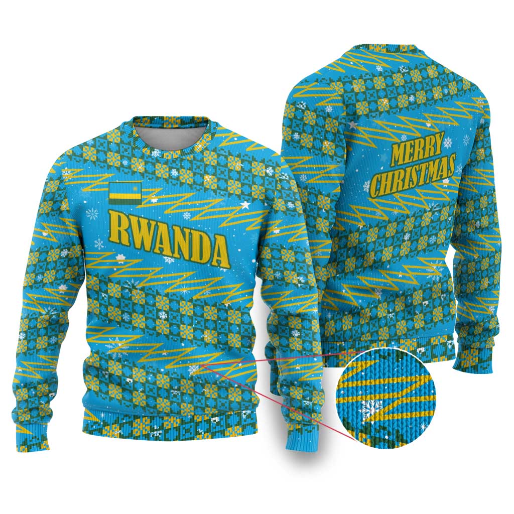 Rwanda Christmas Ugly Christmas Sweater with Blue-Yellow Pattern, Festive Geometric Motifs, and Bold Typography - Wonder Print Shop
