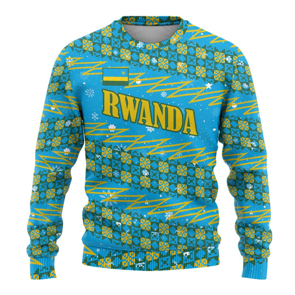 Rwanda Christmas Ugly Christmas Sweater with Blue-Yellow Pattern, Festive Geometric Motifs, and Bold Typography - Wonder Print Shop