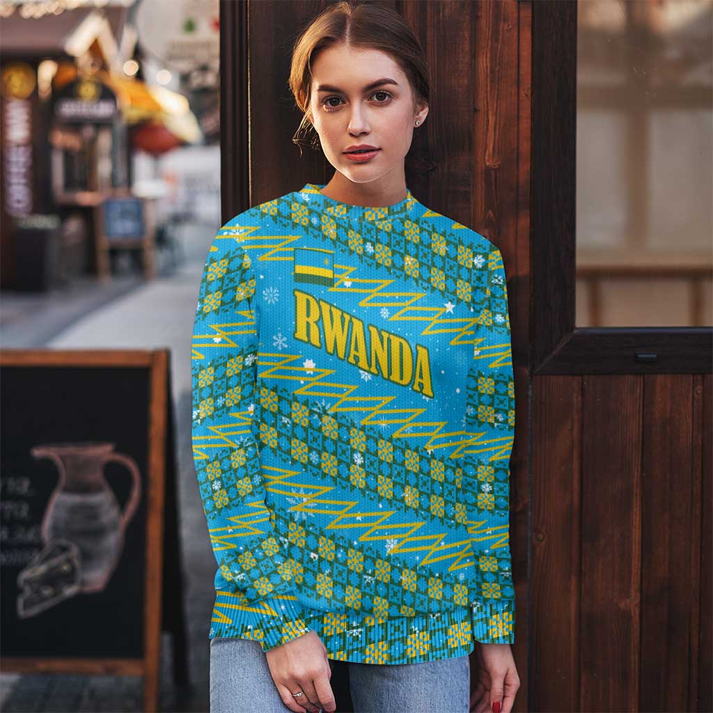 Rwanda Christmas Ugly Christmas Sweater with Blue-Yellow Pattern, Festive Geometric Motifs, and Bold Typography - Wonder Print Shop