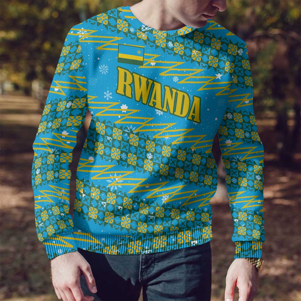 Rwanda Christmas Ugly Christmas Sweater with Blue-Yellow Pattern, Festive Geometric Motifs, and Bold Typography - Wonder Print Shop