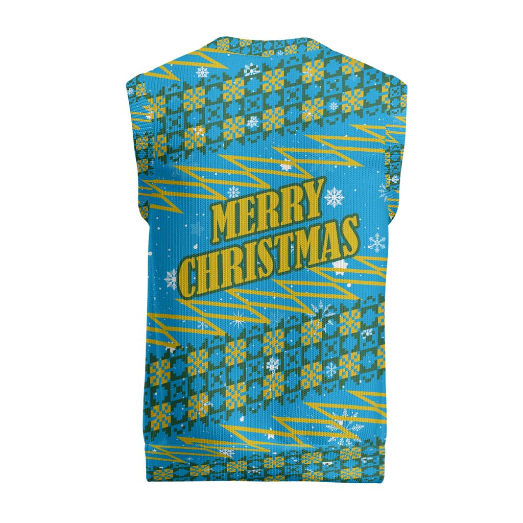 Rwanda Christmas Knitted V-Neck Vest with Blue-Yellow Pattern, Festive Geometric Motifs, and Bold Typography - Wonder Print Shop