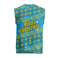 Rwanda Christmas Knitted V-Neck Vest with Blue-Yellow Pattern, Festive Geometric Motifs, and Bold Typography - Wonder Print Shop