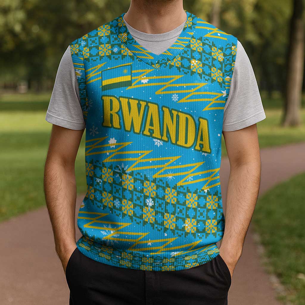 Rwanda Christmas Knitted V-Neck Vest with Blue-Yellow Pattern, Festive Geometric Motifs, and Bold Typography - Wonder Print Shop