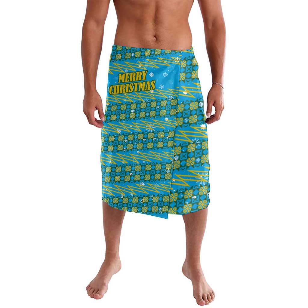 Rwanda Christmas Lavalava with Blue-Yellow Pattern, Festive Geometric Motifs, and Bold Typography - Wonder Print Shop
