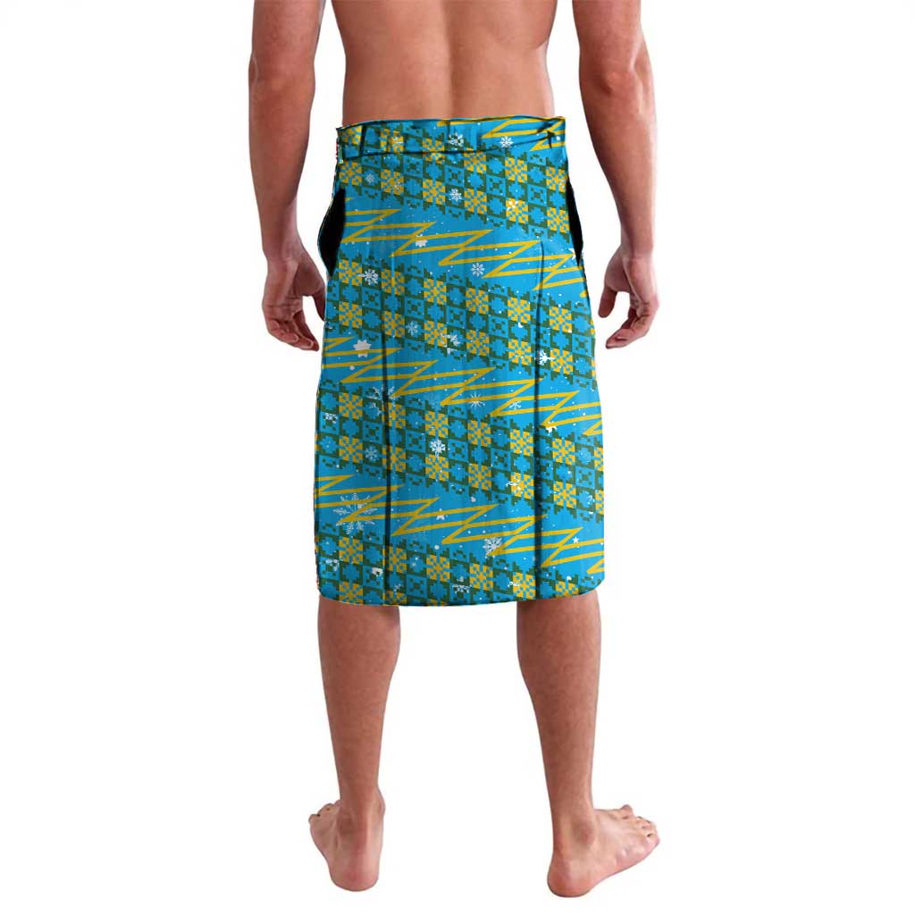 Rwanda Christmas Lavalava with Blue-Yellow Pattern, Festive Geometric Motifs, and Bold Typography - Wonder Print Shop