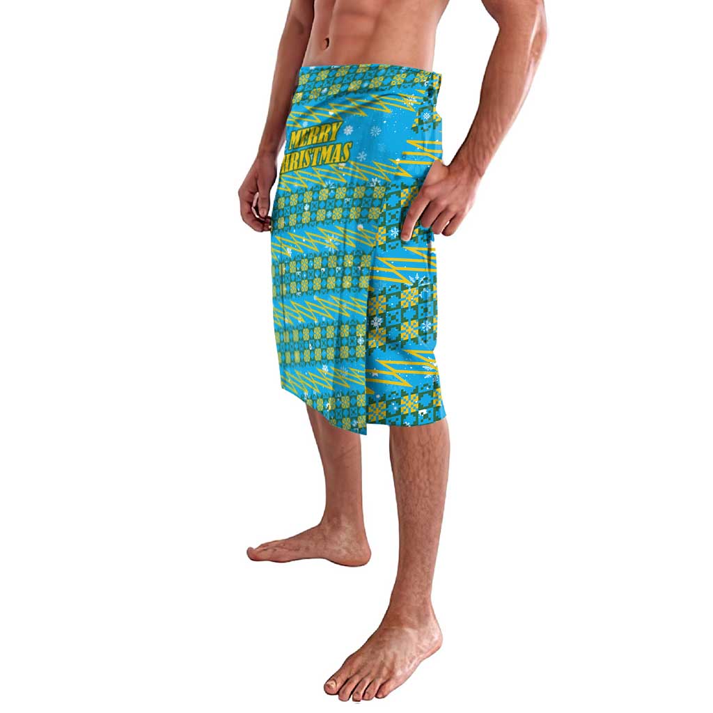 Rwanda Christmas Lavalava with Blue-Yellow Pattern, Festive Geometric Motifs, and Bold Typography - Wonder Print Shop