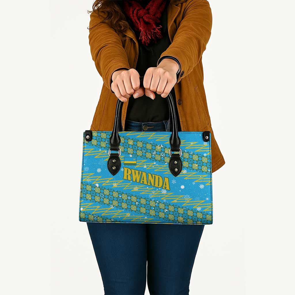 Rwanda Christmas Leather Bag with Blue-Yellow Pattern, Festive Geometric Motifs, and Bold Typography - Wonder Print Shop