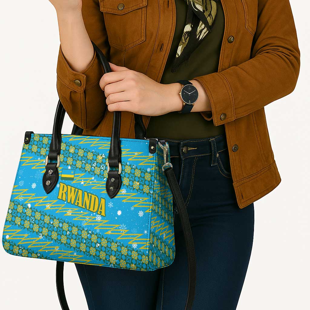 Rwanda Christmas Leather Bag with Blue-Yellow Pattern, Festive Geometric Motifs, and Bold Typography - Wonder Print Shop