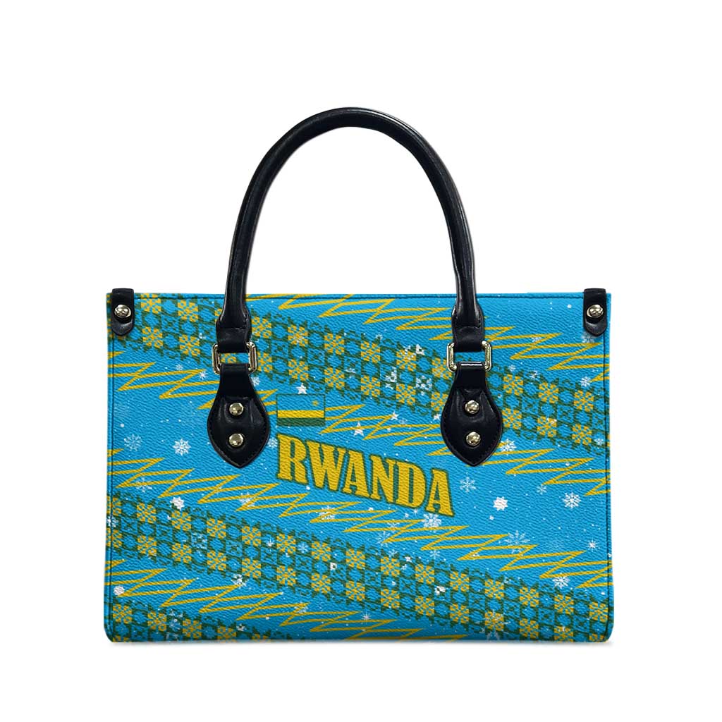 Rwanda Christmas Leather Bag with Blue-Yellow Pattern, Festive Geometric Motifs, and Bold Typography - Wonder Print Shop