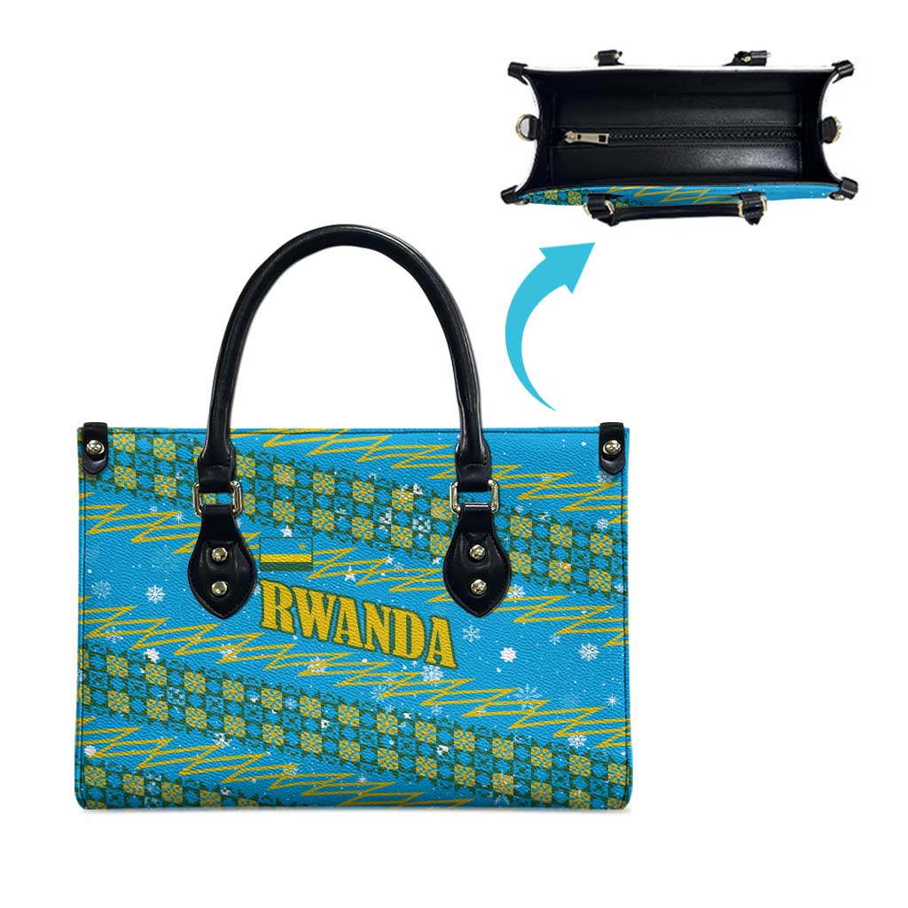 Rwanda Christmas Leather Bag with Blue-Yellow Pattern, Festive Geometric Motifs, and Bold Typography - Wonder Print Shop