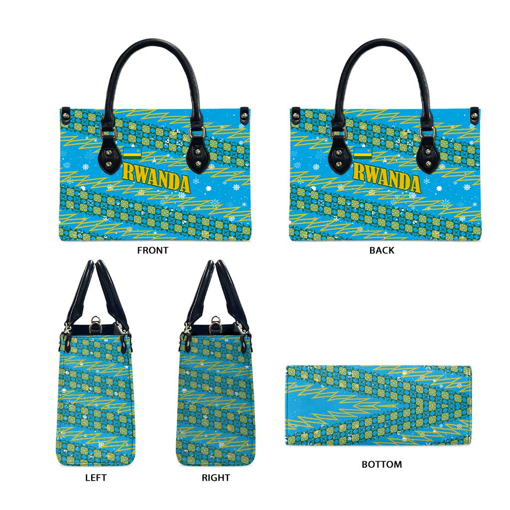 Rwanda Christmas Leather Bag with Blue-Yellow Pattern, Festive Geometric Motifs, and Bold Typography - Wonder Print Shop