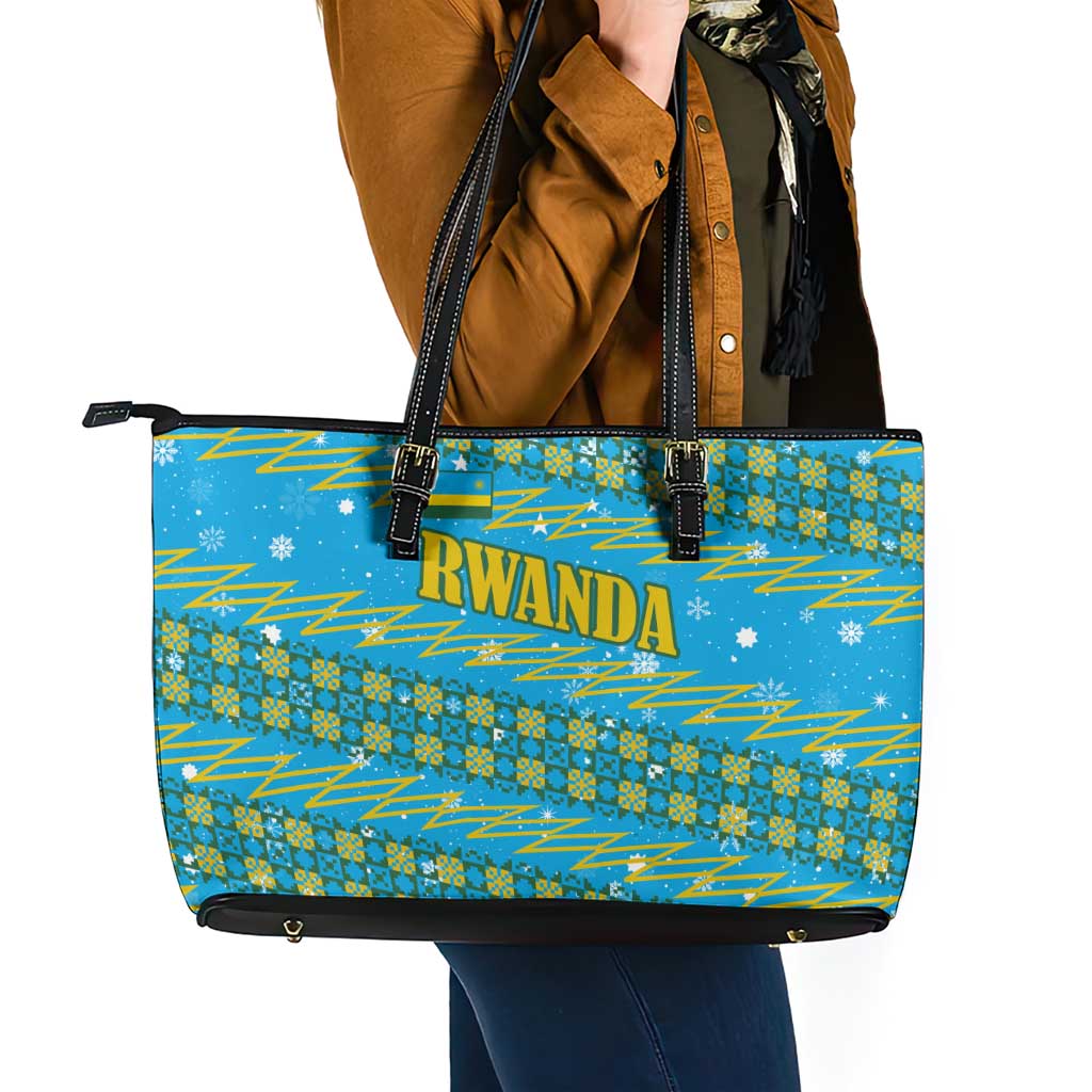Rwanda Christmas Leather Tote Bag with Blue-Yellow Pattern, Festive Geometric Motifs, and Bold Typography - Wonder Print Shop