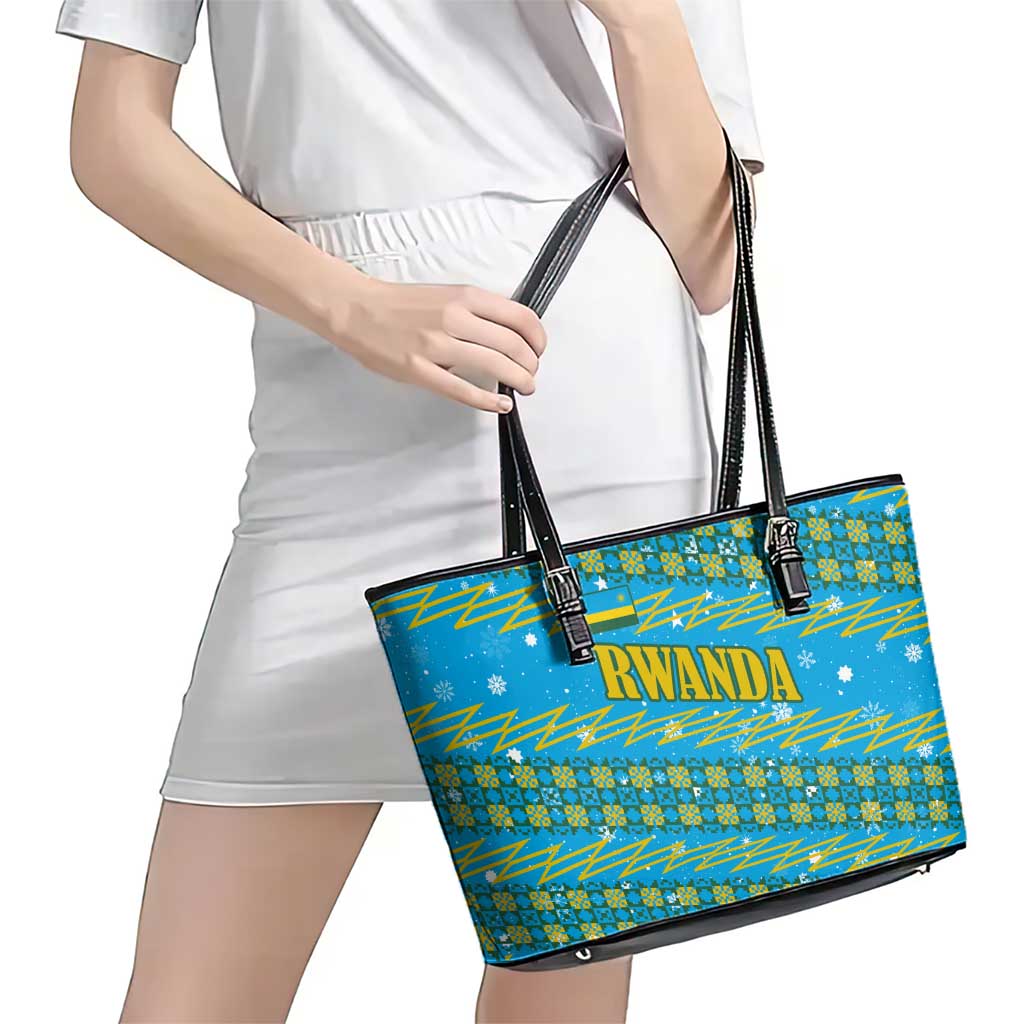 Rwanda Christmas Leather Tote Bag with Blue-Yellow Pattern, Festive Geometric Motifs, and Bold Typography - Wonder Print Shop