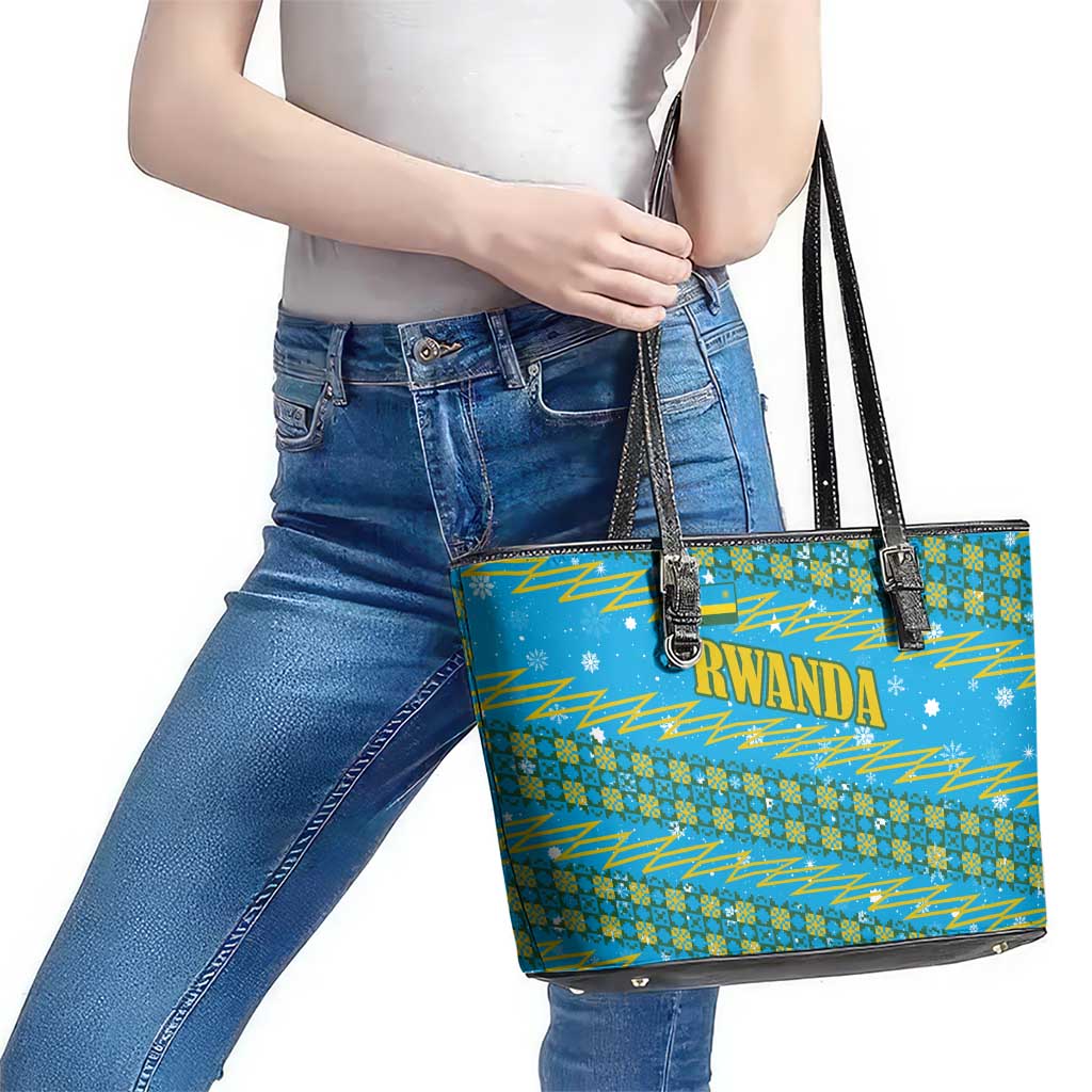 Rwanda Christmas Leather Tote Bag with Blue-Yellow Pattern, Festive Geometric Motifs, and Bold Typography - Wonder Print Shop