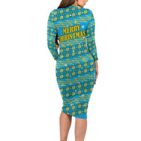 Rwanda Christmas Long Sleeve Bodycon Dress with Blue-Yellow Pattern, Festive Geometric Motifs, and Bold Typography - Wonder Print Shop
