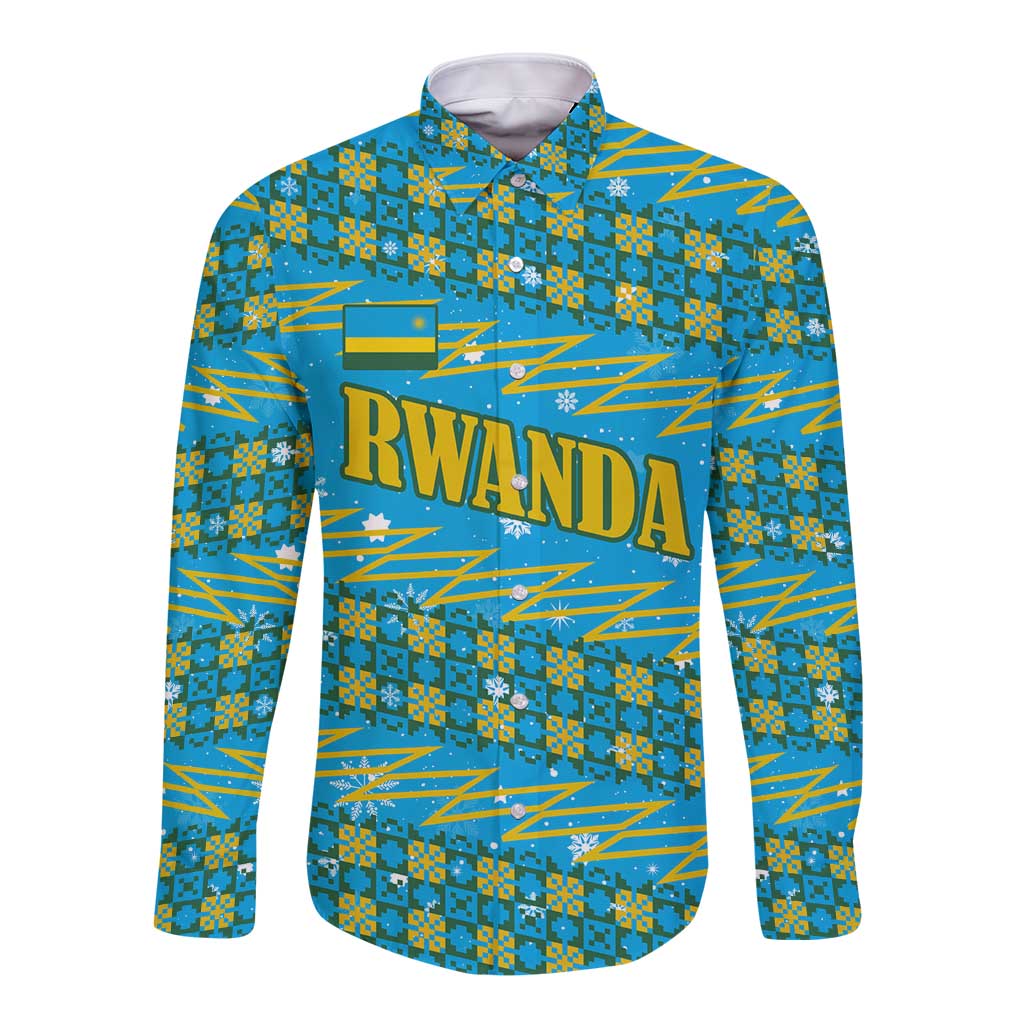 Rwanda Christmas Long Sleeve Button Shirt with Blue-Yellow Pattern, Festive Geometric Motifs, and Bold Typography - Wonder Print Shop