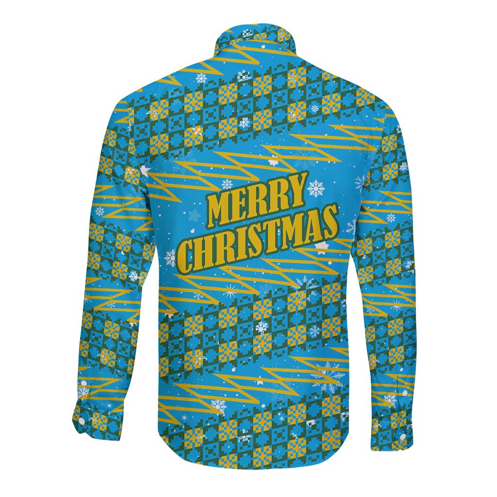 Rwanda Christmas Long Sleeve Button Shirt with Blue-Yellow Pattern, Festive Geometric Motifs, and Bold Typography - Wonder Print Shop