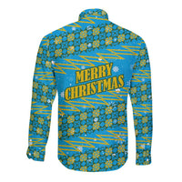 Rwanda Christmas Long Sleeve Button Shirt with Blue-Yellow Pattern, Festive Geometric Motifs, and Bold Typography - Wonder Print Shop