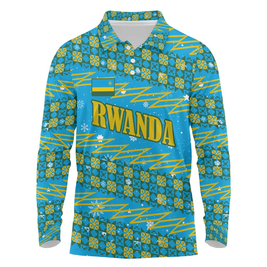 Rwanda Christmas Long Sleeve Polo Shirt with Blue-Yellow Pattern, Festive Geometric Motifs, and Bold Typography - Wonder Print Shop