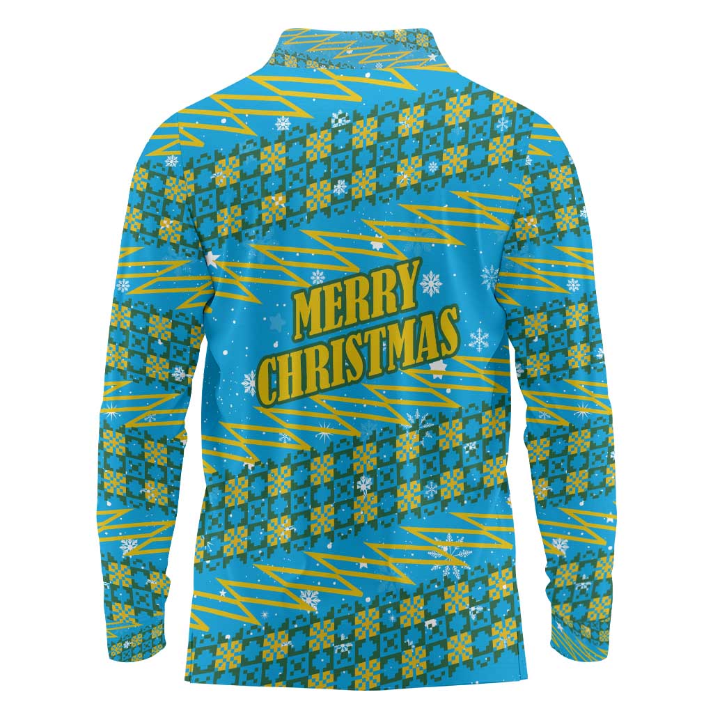 Rwanda Christmas Long Sleeve Polo Shirt with Blue-Yellow Pattern, Festive Geometric Motifs, and Bold Typography - Wonder Print Shop