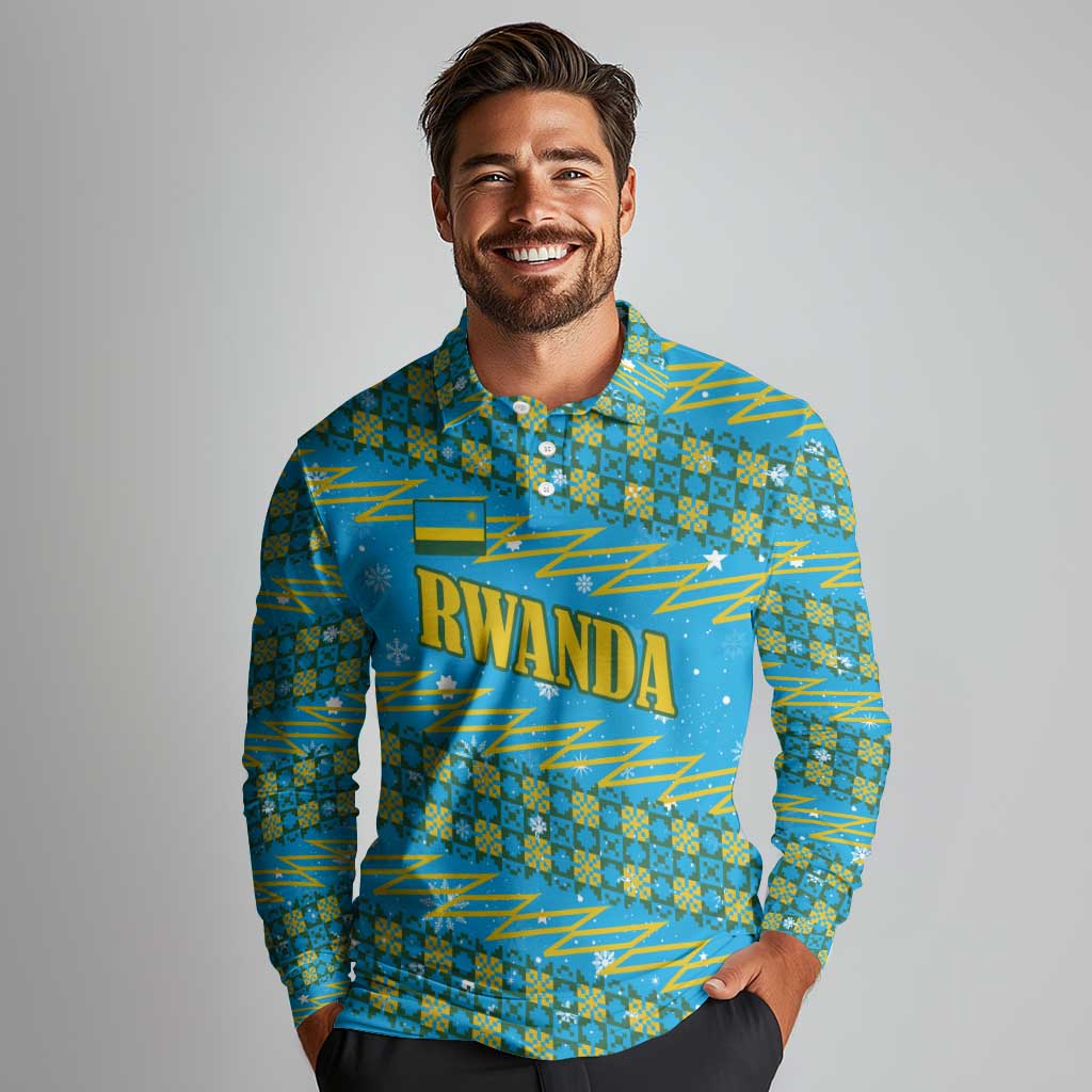 Rwanda Christmas Long Sleeve Polo Shirt with Blue-Yellow Pattern, Festive Geometric Motifs, and Bold Typography - Wonder Print Shop