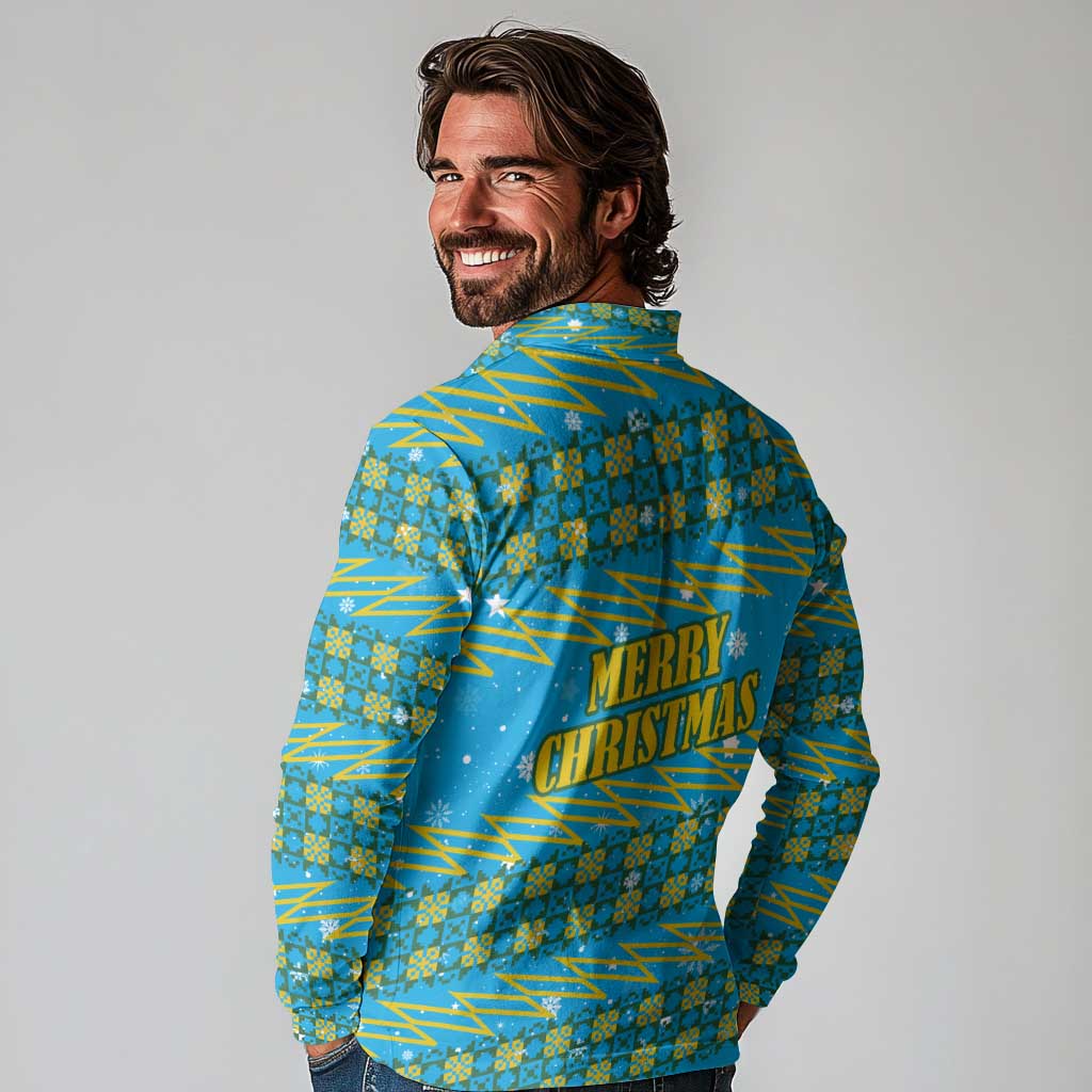 Rwanda Christmas Long Sleeve Polo Shirt with Blue-Yellow Pattern, Festive Geometric Motifs, and Bold Typography - Wonder Print Shop