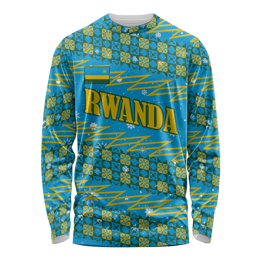 Rwanda Christmas Long Sleeve Shirt with Blue-Yellow Pattern, Festive Geometric Motifs, and Bold Typography - Wonder Print Shop