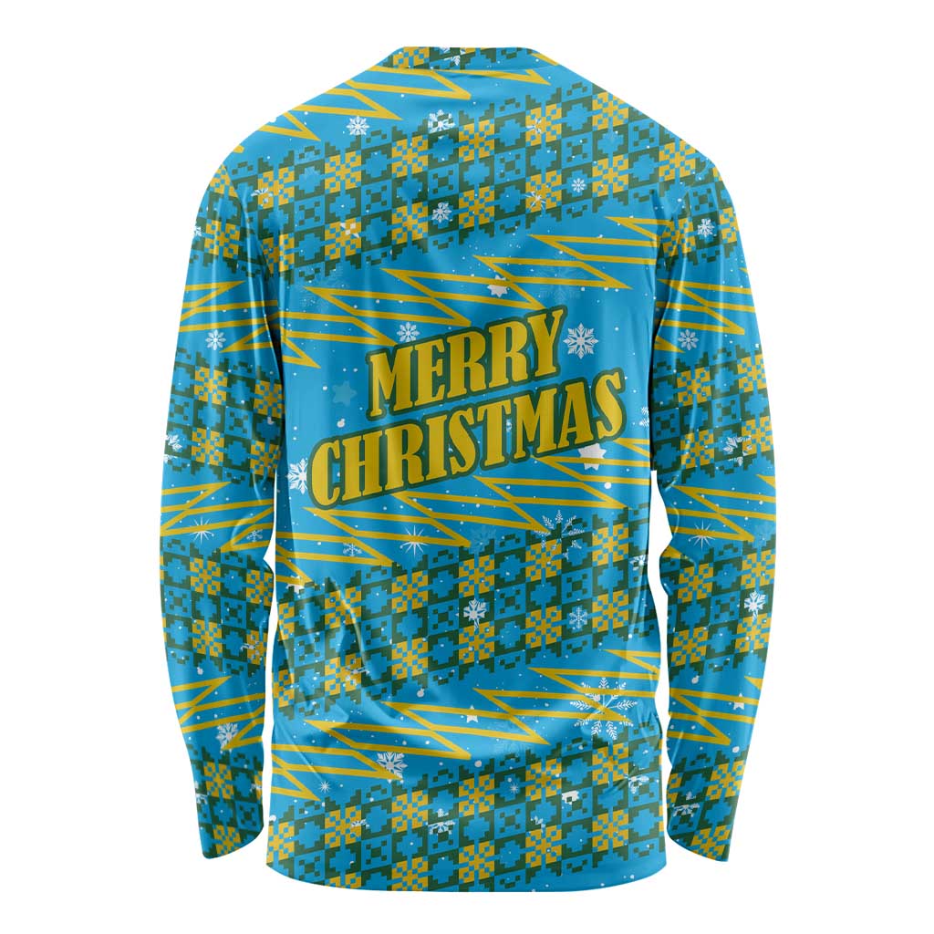 Rwanda Christmas Long Sleeve Shirt with Blue-Yellow Pattern, Festive Geometric Motifs, and Bold Typography - Wonder Print Shop