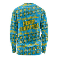 Rwanda Christmas Long Sleeve Shirt with Blue-Yellow Pattern, Festive Geometric Motifs, and Bold Typography - Wonder Print Shop