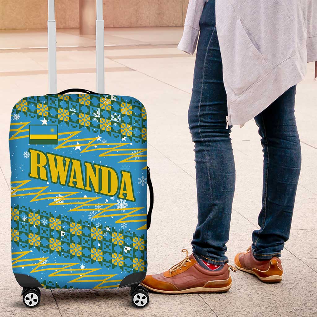 Rwanda Christmas Luggage Cover with Blue-Yellow Pattern, Festive Geometric Motifs, and Bold Typography - Wonder Print Shop