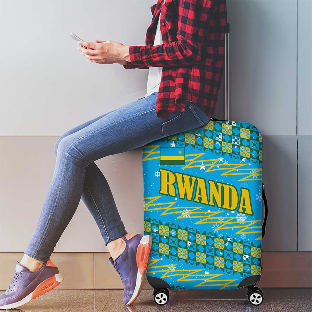 Rwanda Christmas Luggage Cover with Blue-Yellow Pattern, Festive Geometric Motifs, and Bold Typography - Wonder Print Shop
