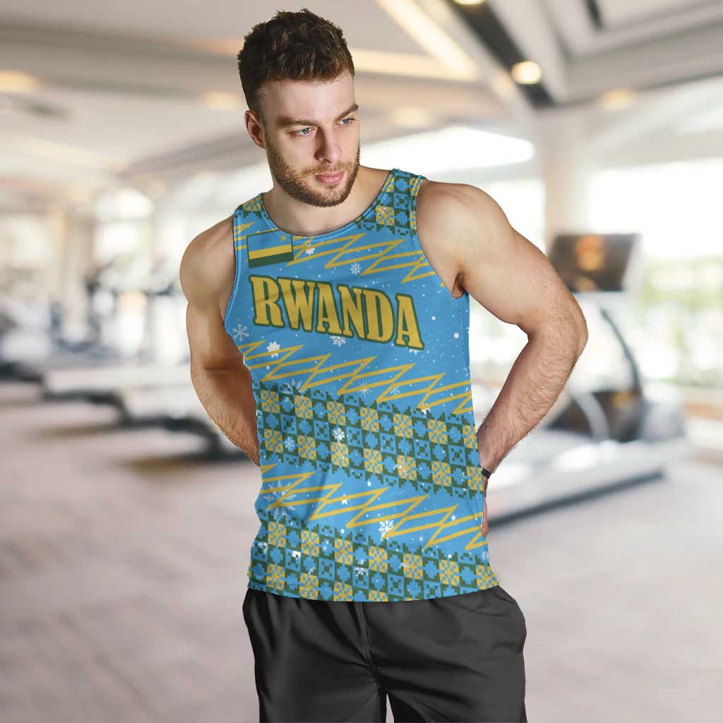 Rwanda Christmas Men Tank Top with Blue-Yellow Pattern, Festive Geometric Motifs, and Bold Typography - Wonder Print Shop